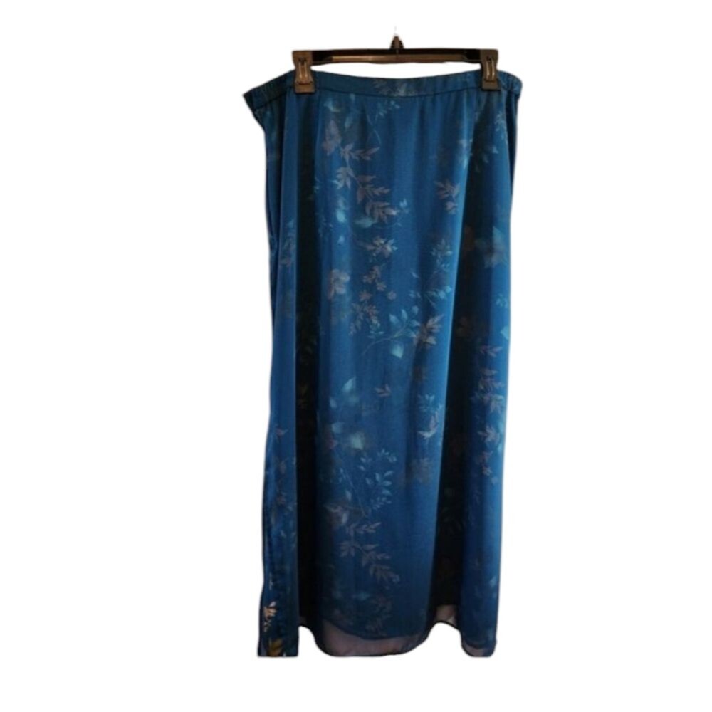 VILLAGER BY LIZ CLAIBORNE SIZE 16 TEAL MAXI SKIRT WITH FLORAL PRINT SIDE SLITS